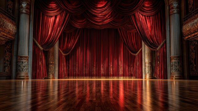 Red velvet curtains on classical theatre stage with wooden floor. Empty grand auditorium interior for performance or show. Luxury vintage opera house architecture and artistic background.