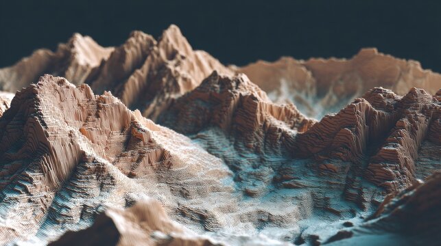 Digital 3D topography map of mountain range. Relief terrain model with layered geological strata. Science simulation of landscape elevation for geographical analysis and data visualization.