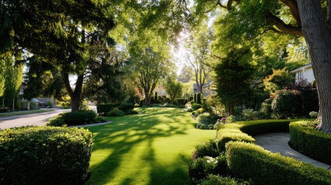 Residential front yard with manicured lawn and lush green trees. Sunny suburban landscape with landscaped garden, bushes and walkway. Peaceful natural outdoor scenery in summer season.