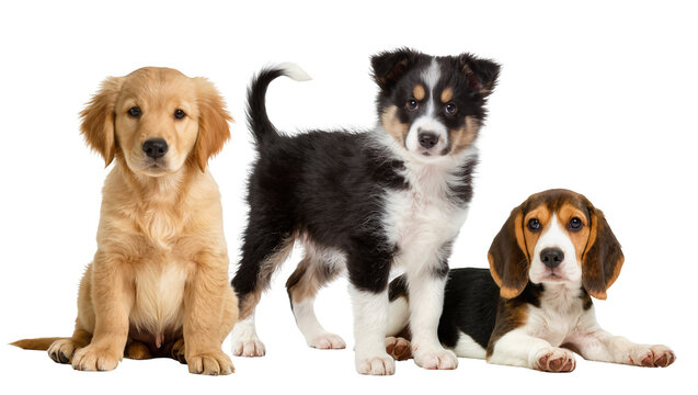 Three adorable puppies a golden retriever a border collie and a beagle, isolated on transparent background