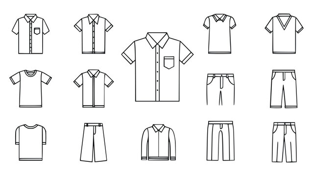 Collection of various shirt and pant line drawings for fashion design