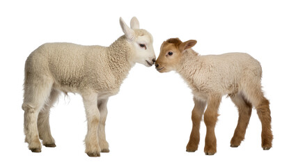 Fototapeta premium Two young lambs touching noses, isolated on transparent background