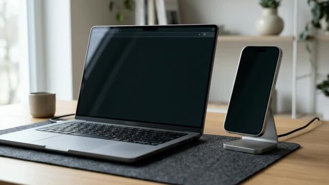 A dual-device setup featuring a smartphone and laptop with empty displays arranged for app and web design showcase, minimal tech environment with smooth surfaces and elegant shadows, soft diffused