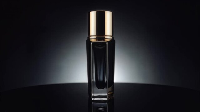 Luxury black perfume bottle with gold cap.