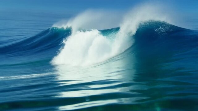 Ocean's Majesty: A powerful ocean wave rises and crests, displaying the raw beauty and might of the sea, with foamy spray and vibrant blue hues. Generative AI.