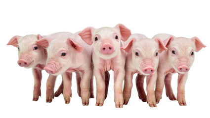 Five adorable pink piglets standing together, isolated on transparent background © Lukas