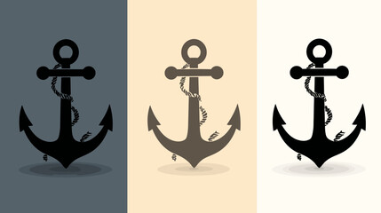 Obraz premium Set of three black anchor illustrations with rope on different background colors, marine nautical symbol vector design.
