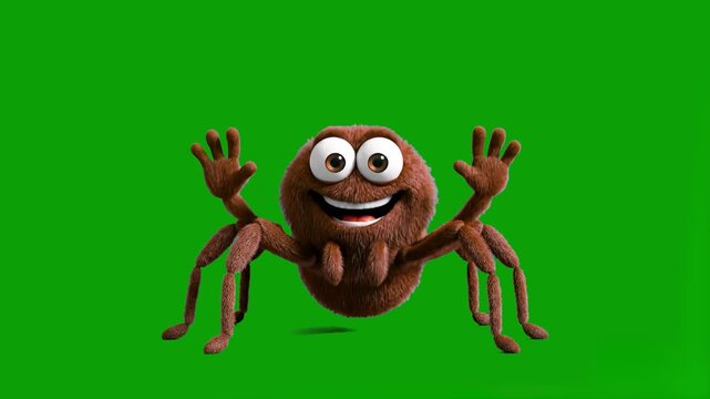 A cheerful 3D animated brown spider with a furry texture performing a fun dance with its arms raised. Set against a solid green background, this character is perfect for kids' content and playful anim