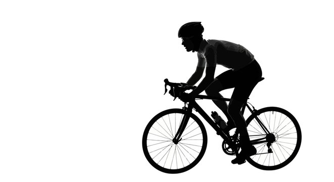 Silhouette of a cyclist in motion on a road bike, wearing a helmet, on a white background
