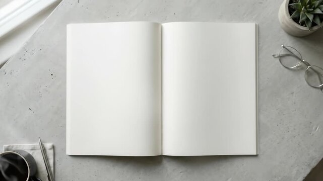 A top-view magazine mockup placed on a gray table with blank pages and minimal layout, clean editorial design concept with subtle shadows and natural lighting, photorealistic composition, shot on Sony