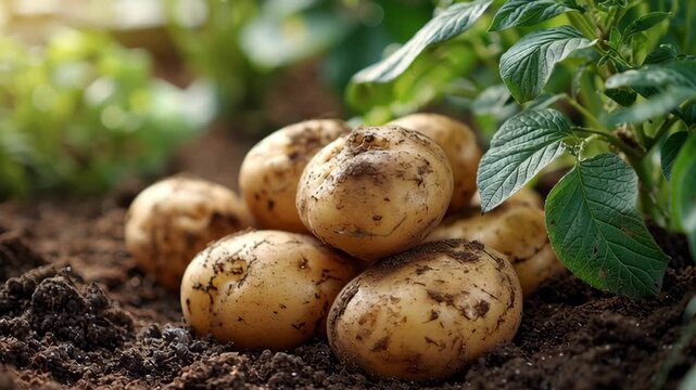 Pile of ripe potatoes on ground in field. Potato plants with tubers in soil. Yellow potato close-up top view. Fresh dirty organic potatoes harvest. Freshly harvested potatoes food farm. Agriculture
