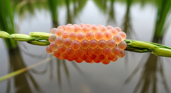 Frog Eggs on Water Plant Stem.