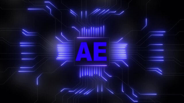 AE technology abstract circuit board glowing neon lines data transfer digital network security. Virtual private server with circuit board and processor. Technology concept.