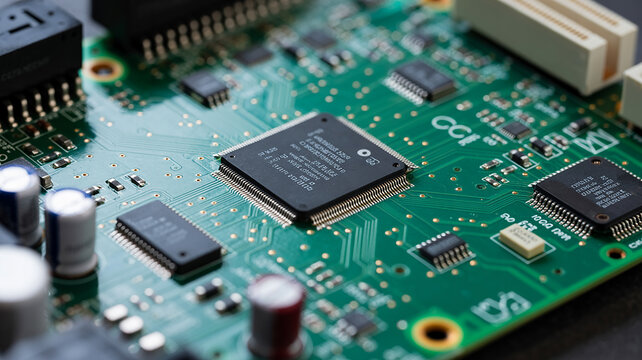 Detailed close-up of a black central processing unit chip on a green printed circuit board with surface-mounted components