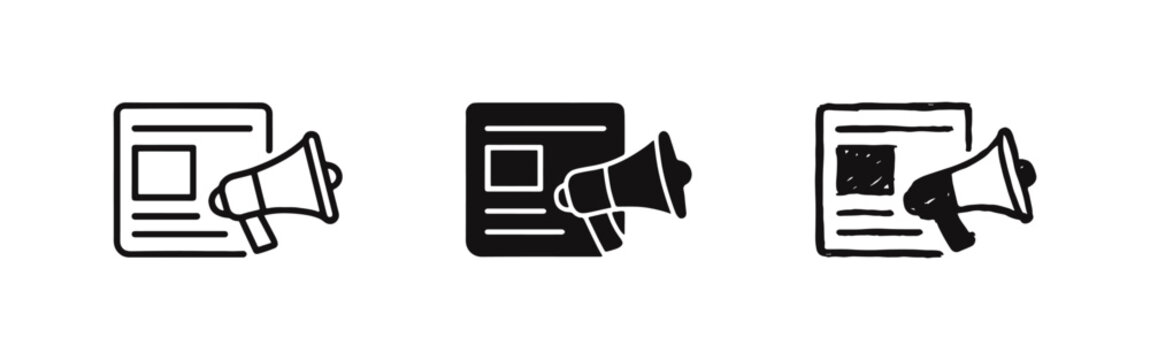 News and announcement document icon set. Advertising and public communication symbols.