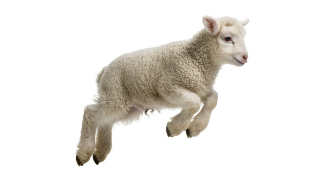 Fluffy white lamb jumping mid-air, isolated on transparent background