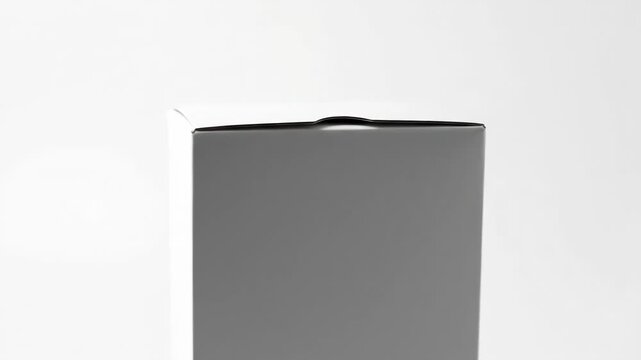 A clean white paper box mockup in perfect rectangular form resting on a white background in studio isolation, closed cardboard container with vertical square proportions ideal for gift packaging and