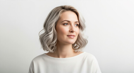 Fototapeta premium Portrait of a woman with wavy silver grey hair. Fashionable female model looking away on white backdrop