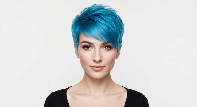 Vertical portrait of a young woman with short blue pixie cut hairstyle. Female model with dyed hair and blue eyes
