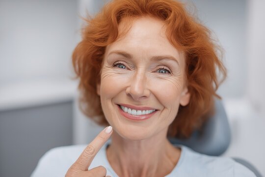 Beautiful Middle-Aged Woman with Red Hair Pointing to Her Perfect White Smile