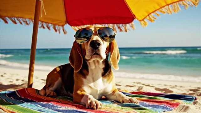 A basset hound wearing sunglasses relaxes on a colorful beach towel under a vibrant umbrella by the serene ocean.