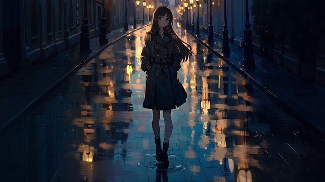 young woman walking on wet street at night