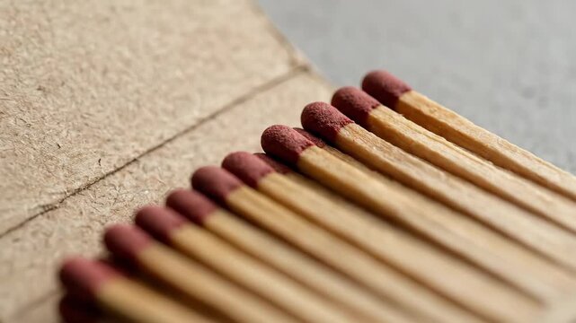 A realistic open matchbook mockup with blank cover placed on a neutral gray background, cardboard texture with visible grain and wooden matchsticks inside, packaging template for promotional branding