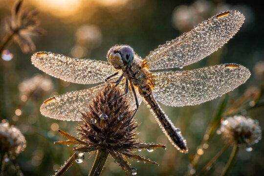 Dragonfly Perched on Thistle With Dew Drops at Sunrise, Transparent Wings Glowing in Golden Light