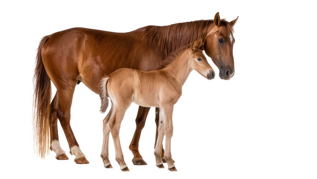 Brown horse and light brown foal standing together, isolated on transparent background