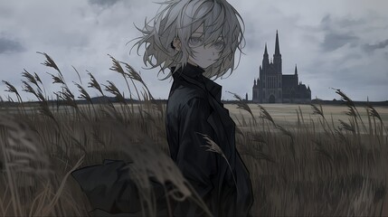 Fototapeta premium young woman stands in field with distant cathedral