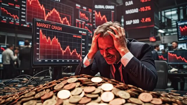 A dramatic financial scene with falling coins and declining charts symbolizing market instability, dark background with glowing data lines and dynamic motion, cinematic lighting, ultra-realistic,