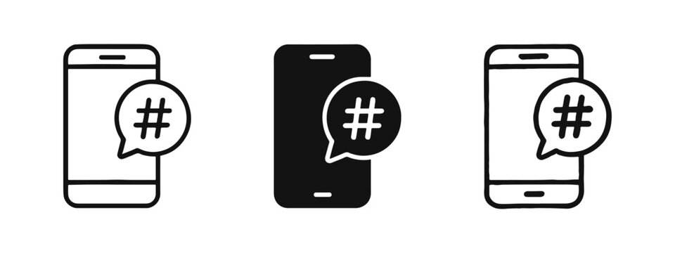 Smartphone with hashtag icon set. Social media trending and mobile content tagging symbols in outline, solid, and hand-drawn styles.