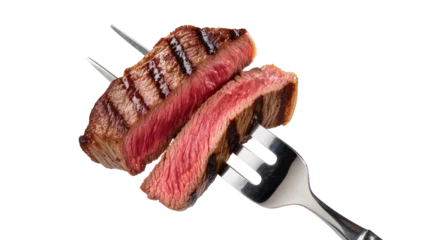 Fotobehang Steakhouse Juicy grilled beef steak slices on fork, isolated on transparent background  © Lukas