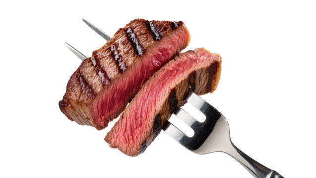 Juicy grilled beef steak slices on fork, isolated on transparent background