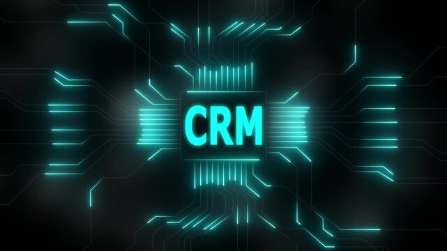 CRM technology circuit board glowing red digital connection data processing video. CRM technology circuit board, digital network. System enabling customer data management and business automation