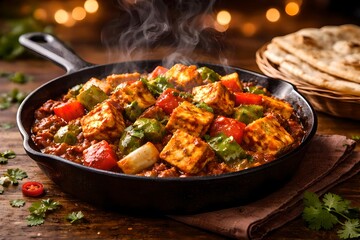 Fototapeta premium Paneer tikka masala in cast iron skillet, steaming Indian cheese curry with naan bread, spicy vegetarian cottage cheese