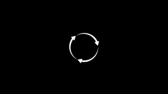 Three white arrows forming a circular rotation symbol on black background.refresh arrow icon Abstract arrow refresh and recycle icon.arrow loading bar animation.arrow animated circle loading gif icon