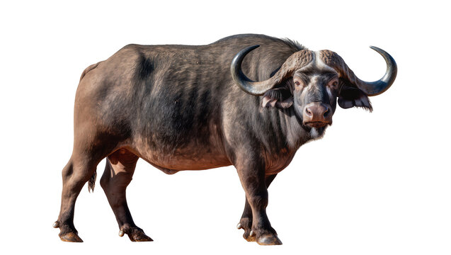 Massive African buffalo with large curved horns, isolated on transparent background