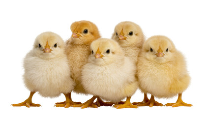 Fluffy yellow and brown baby chicks huddled together, isolated on transparent background © Lukas