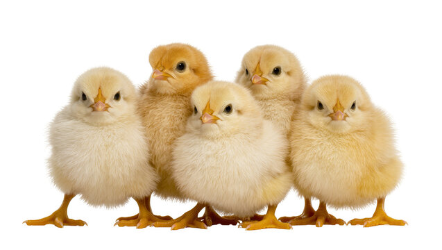 Fluffy yellow and brown baby chicks huddled together, isolated on transparent background