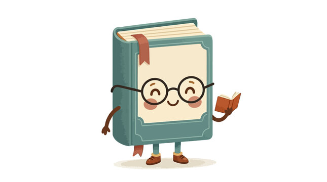 Cartoon book with glasses smiling.