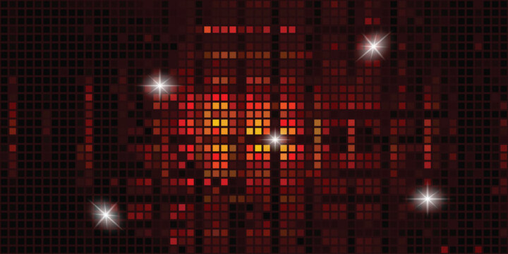 Abstract background with red and orange glowing square pixels and sparkles