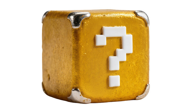 Golden question mark block with pixelated symbol, isolated on transparent background