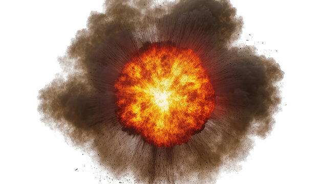 Fiery orange explosion with dark smoke, isolated on transparent background