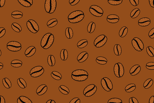 Coffee bean pattern seamless vector with hand drawn roasted coffee beans on brown background, doodle style repeat design for cafe packaging, textile, wallpaper and organic coffee themes.