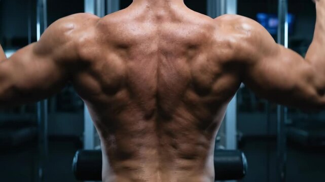 Close Up Muscular Man Flexing Back Muscles on Lat Pulldown Machine in Gym