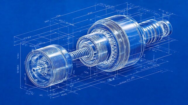 Detailed 3D mechanical engineering blueprint of a turbine engine component on a blue background, showcasing intricate technical design and industrial manufacturing concepts.