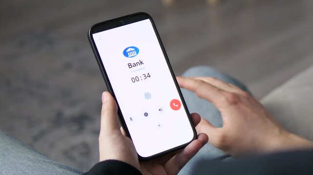 User calling bank customer support from home using a mobile app. Professional UI with active call timer. Perfect for fintech, banking services, and personal finance videos. High-quality visual for