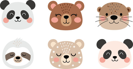 Obraz premium Cute Animal Face Icon Set with Panda Bear and Sloth Cartoon Characters Collection for Kids Nursery Design and Sticker Illustration