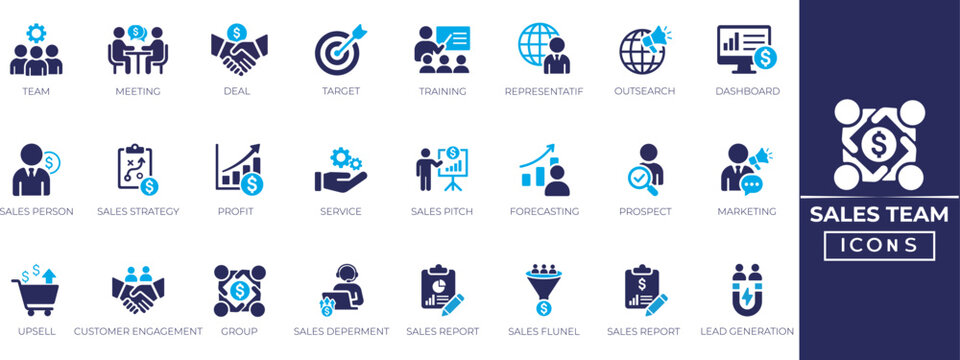 Sales team icon set. Containing conversion, group, lead, manager, salesperson, marketing, prospect, funnel, lead generation and more. Perfect solid icon collection.